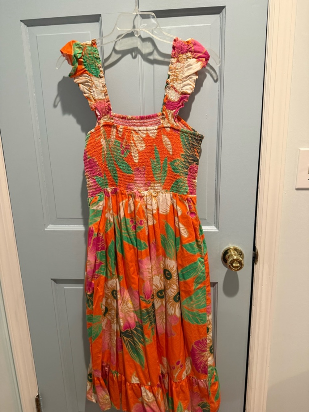 Woman’s Orange Floral Smocked Sundress with Ruffle Straps